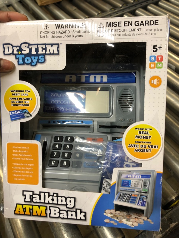 Photo 2 of Dr. STEM Toys Kids Talking ATM Machine Savings Piggy Bank with Digital Screen, Electronic Calculator That Counts Real Money, and Safe Box for Kids, Silver