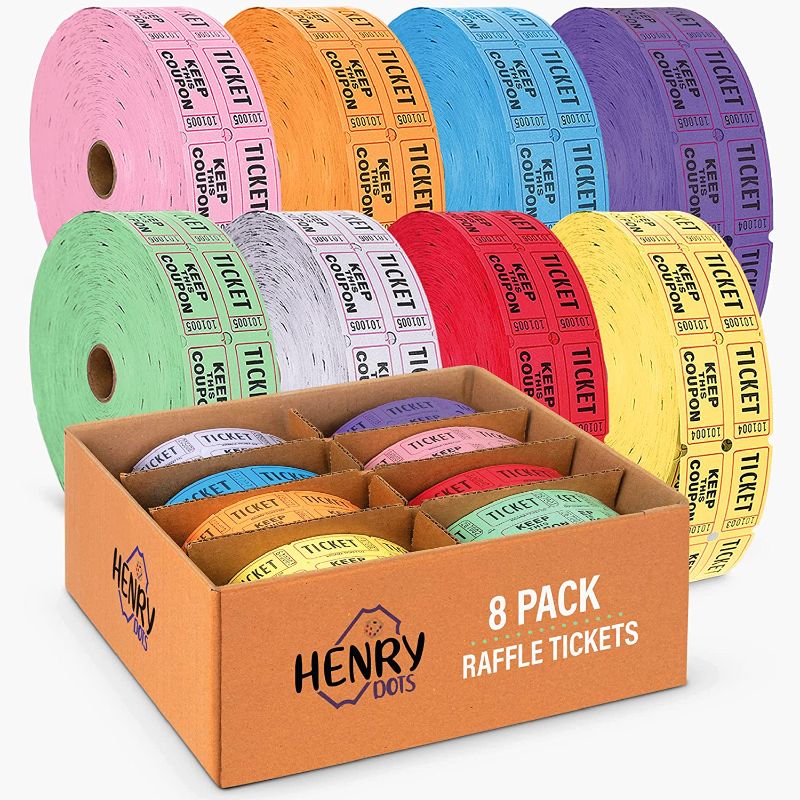Photo 1 of 50/50 Raffle Tickets Double Roll - Bulk Box of 8 Colors - 2000 Ticket Count Per Roll - Easy Tear Away Stubs for Contact Info - Raffle Drum Tickets Roll for Drinks, Carnival, Chinese Auction, Events
