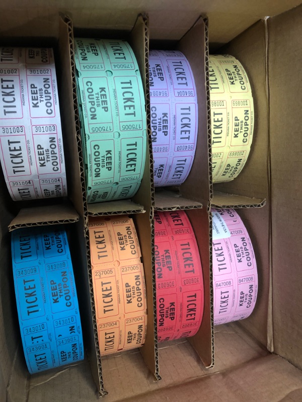 Photo 2 of 50/50 Raffle Tickets Double Roll - Bulk Box of 8 Colors - 2000 Ticket Count Per Roll - Easy Tear Away Stubs for Contact Info - Raffle Drum Tickets Roll for Drinks, Carnival, Chinese Auction, Events
