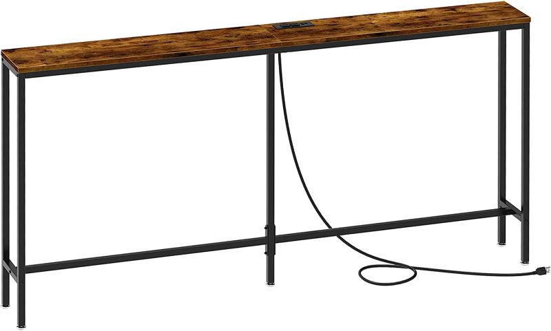 Photo 1 of SUPERJARE Console Table with Charging Station, 63’’ Narrow Entryway Table with 2 Power Outlets and 2 USB Ports, Skinny Sofa Hallway Table, Behind Couch, for Plants, Living Room - Vintage Brown
