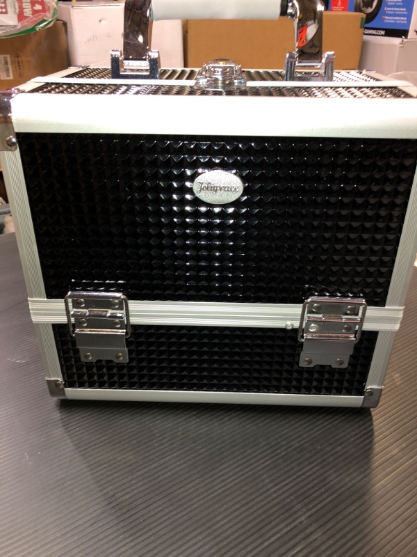 Photo 1 of Joligrace Makeup Box Train Case Large Storage Capacity Portable Travel Cosmetic Organizer with Compartments and 2-Tier Trays with Mirror, Lockable with Keys - Black Pattern 3.Classy Black