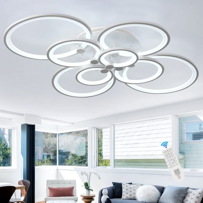 Photo 1 of 8-Rings LED Modern Ceiling Light Dimmable with Remote for Living Room, 40.2’’ Ceiling Lamp White 3000K-6500K Metal Acrylic Circle Flush Mount Chandelier...
