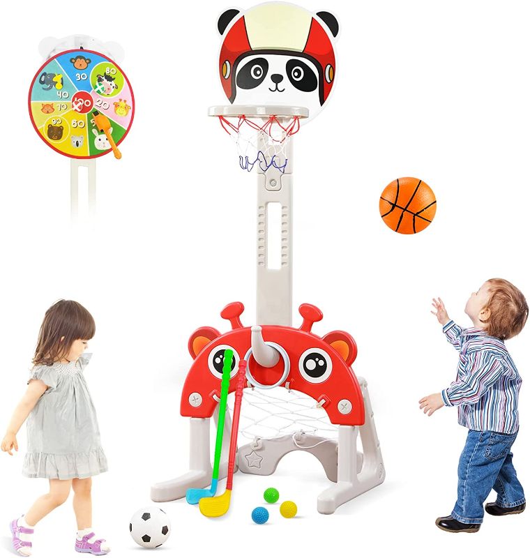 Photo 1 of JHTOPJH 5 in 1 Toddler Basketball Hoop Indoor Kids Sports Play Activity Center Adjustable Height - Soccer Goal, Golf, Ring Toss Set Birthday Gift for Child Boys Girls 1-3 (Panda)
