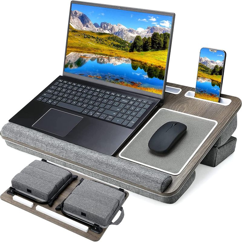 Photo 1 of Lap Laptop Desk-Fits Up to 17Inch Foldable Laptop Bed Tray Table with Adjustable Dual Cushion,Wrist Rest & Mouse Pad,Portable Wood Laptop Stand for Sofa Bed,Multifunctional Slot for Tablet & Phone
