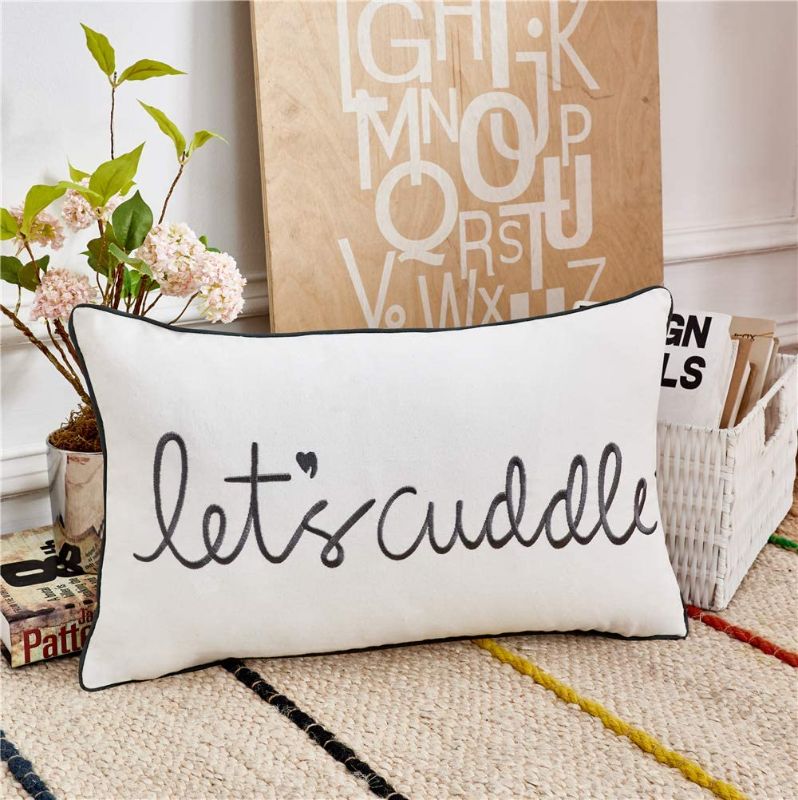 Photo 1 of  Let's Cuddle Decorative Lumbar Pillow Cover 12x20 Inches, Embroidery Rectangle Grey Throw Pillow Case for Bed, Bedroom, Livingroom. (30x50cm).