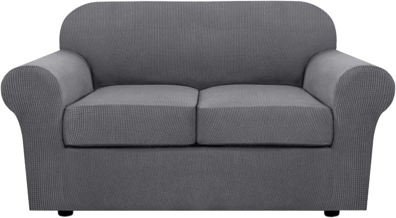 Photo 1 of 3 Piece Stretch Sofa Covers for 2 Cushion Loveseat Couch Covers for Living Room Sofa Slipcovers Furniture Cover (Base Cover Plus 2 Seat Cushion Covers) Thicker Jacquard Fabric(Medium Sofa, Grey)
