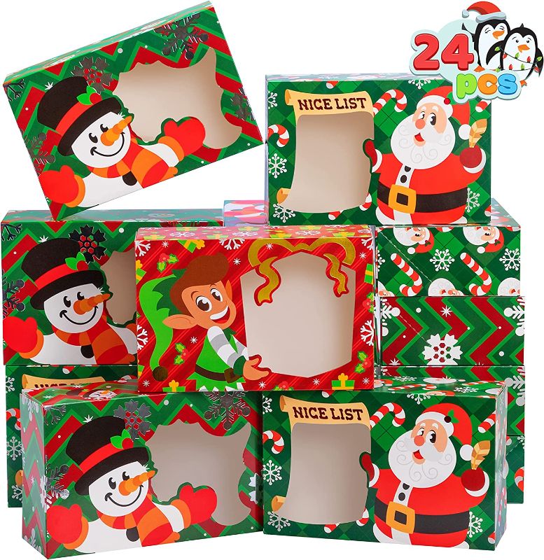 Photo 1 of JOYIN 24 PCS Christmas Foil Bakery Cookie Gift Box (8.75" x 5.75" x 2.75") in 3 Designs, Colorful Patterns with Window for Pastries, Cupcakes, Cookies, Brownies, Donuts, and Gift-Giving
