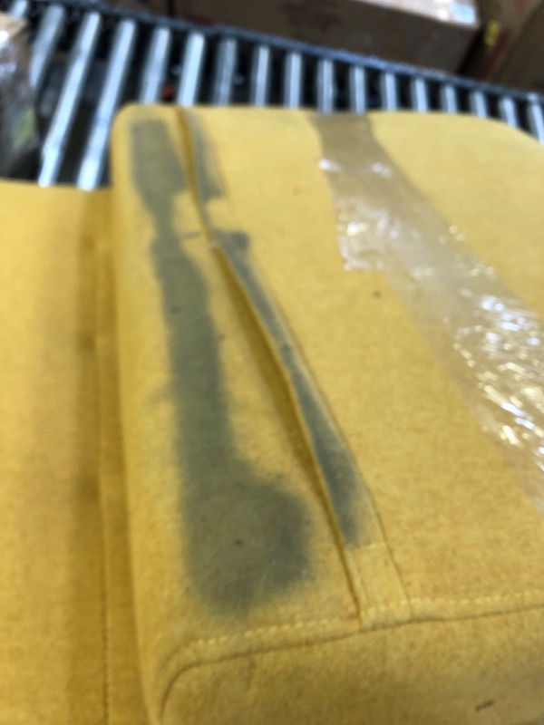 Photo 1 of 78 inch mustard yellow couch, one side does not lock in place. - extreme dirt marks. 