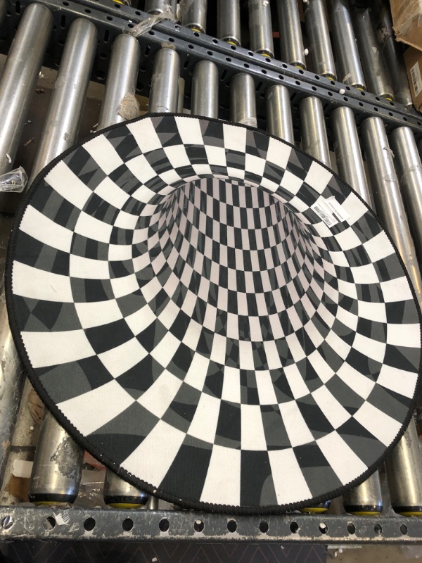 Photo 2 of 3D Area Rug Floor Mat Illusion Non Slip Area Rug, 3D Visual Vortex Optical Illusions Floor Rug,Black White Plaid Round Rugs for Lvining Bedroom Decoration Home Decor (6060cm)
