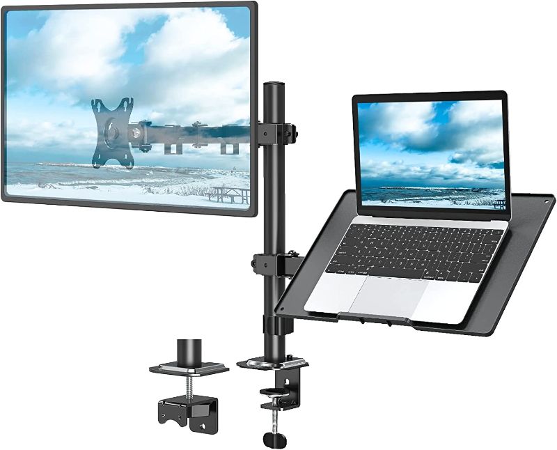 Photo 1 of MOUNT PRO Computer Monitor and Laptop Desk Mount Combo, Height Adjustable Monitor Stand fits 13'' to 32" LCD Computer Screen, Notebook Up to 17'', with Clamp/Grommet Mounting Base, Holds Up to 19.8lbs

