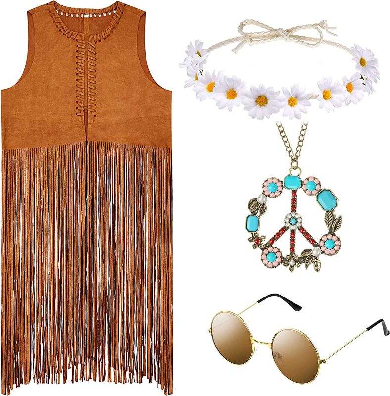 Photo 1 of 4 Pieces Women Hippie Costume Set Fringe Vest Faux Suede Tassels Vest Bohemia Headband for Halloween Dress Cosplay