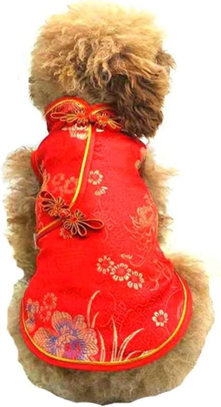 Photo 1 of  Pet Costume Tang Suit Dog Cheongsam Satin Clothes Chinese Style Clothing for Dogs Pet Skirt Puppy Cats Dress Dog Vest Tshirt SMALL 