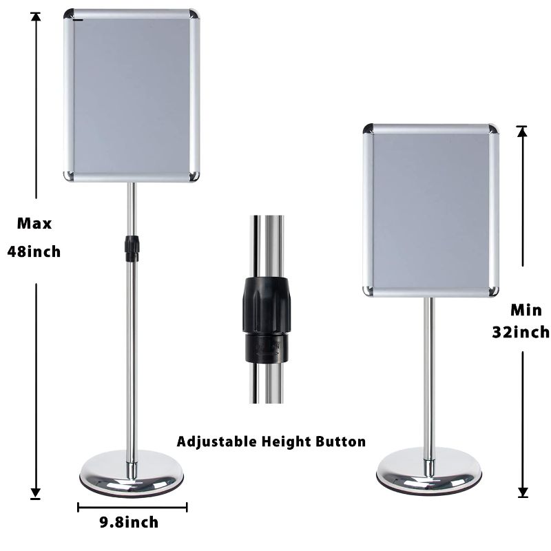 Photo 3 of JIUYE 11"x17" Pedestal Sign Stand,Height Adjustable Floor Standing Poster Holder,Rotated Adjustable Aluminum Snap Frame with Heavy Base,Display for Notice/Poster/Signs,Silver----factory sealed 