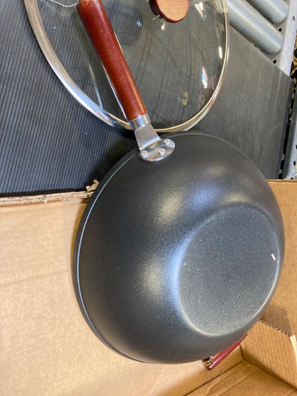 Photo 3 of 21st & Main Light weight Cast Iron Wok, Stir Fry Pan, Wooden Handle, with Glass lid, 14 Inch, chef’s pan, pre-seasoned nonstick, commercial and household, for Chinese Japanese and others Cooking 14 inch with lid