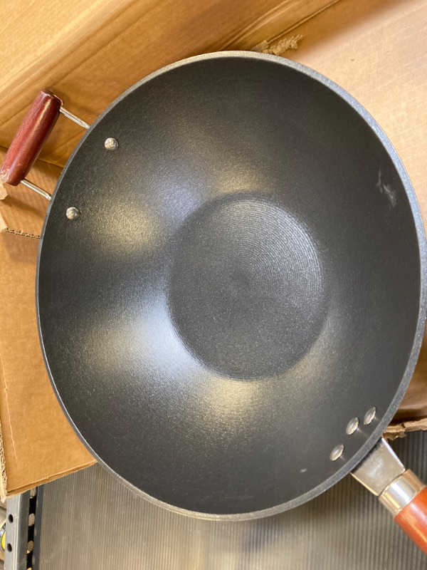 Photo 2 of 21st & Main Light weight Cast Iron Wok, Stir Fry Pan, Wooden Handle, with Glass lid, 14 Inch, chef’s pan, pre-seasoned nonstick, commercial and household, for Chinese Japanese and others Cooking 14 inch with lid