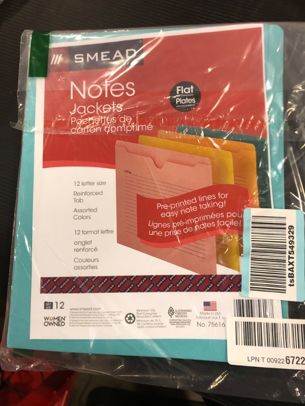 Photo 2 of Smead Notes File Jacket, Letter Size, Straight-Cut Tab, Flat-No Expansion, Assorted Colors, 12 per Pack (75616) Bright Colors Flat