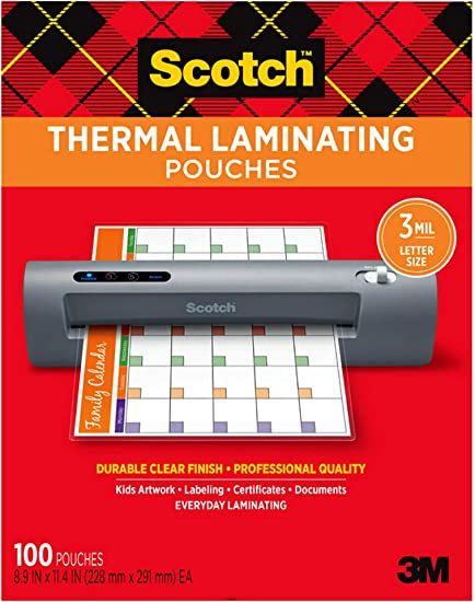 Photo 1 of Scotch Thermal Laminating Pouches, 100 Pack Laminating Sheets, 3 Mil, 8.9 x 11.4 Inches, Education Supplies & Craft Supplies, For Use With Thermal Laminators, Letter Size Sheets (TP3854-100)