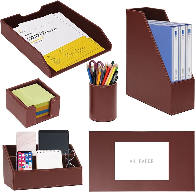 Photo 1 of 6 Piece Office Supplies/Desk Organizer Set with Desktop Leather Writing Pad,File Paper Tray,Magazine folder Holder, Pen Cup,Sticky Note Holder,Letter Mail Sorter,Workspace Decor for Women Men (Brown)
