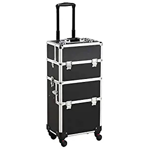 Photo 1 of 3 in 1 Cosmetic Rolling Makeup Train Case Large Aluminum Trolley Makeup Travel Case Professional Rolling Cosmetic Beauty Storage, with 360° Swivel Wheels, Black