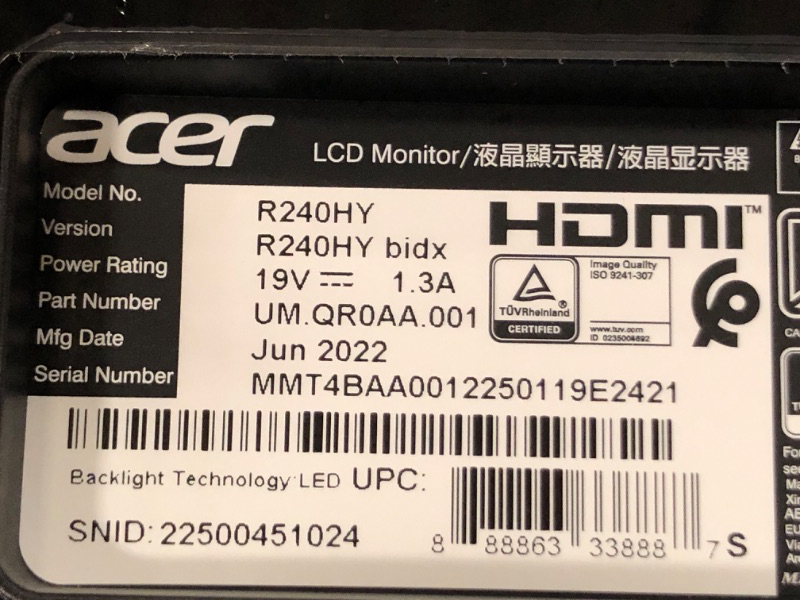 Photo 6 of Acer 23.8” Full HD 1920 x 1080 IPS Zero Frame Home Office Computer Monitor - 178° Wide View Angle - 16.7M - NTSC 72% Color Gamut - Low Blue Light - Tilt Compatible - VGA HDMI DVI R240HY bidx Monitor only 23.8-inch IPS 60Hz