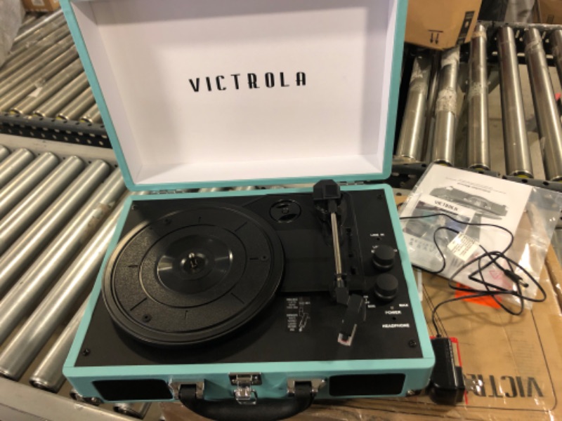 Photo 2 of Victrola Vintage 3-Speed Bluetooth Portable Suitcase Record Player with Built-in Speakers | Upgraded Turntable Audio Sound| Includes Extra Stylus | Turquoise, Model Number: VSC-550BT