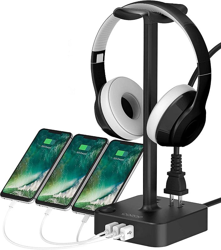 Photo 1 of cozoo Headphone Stand with USB Charger Desktop Gaming Headset Holder Hanger with 3 USB Charger and 2 Outlets - Suitable for Gaming, DJ, Wireless Earphone Display,Gaming Desk Accessories,Gifts for Him