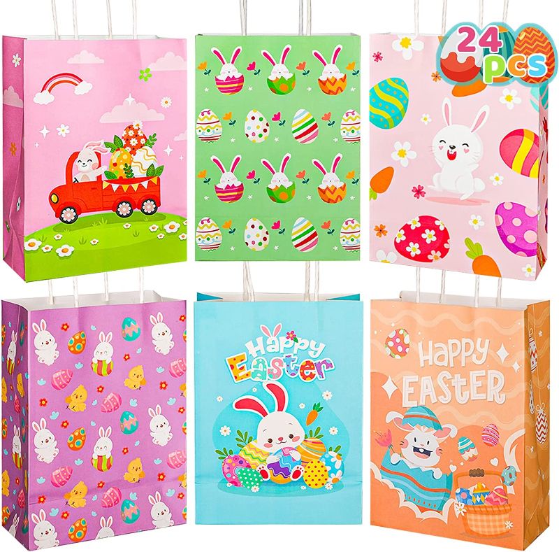 Photo 1 of 18PCS Easter Treat Bags with Handles, Easter Bags for Treats, Easter Party Favor Bags, Easter Gift Bags, Easter Egg Hunt Bags Decorated with Happy Easter Bunny and Chicks Pattern for Kids Spring Part