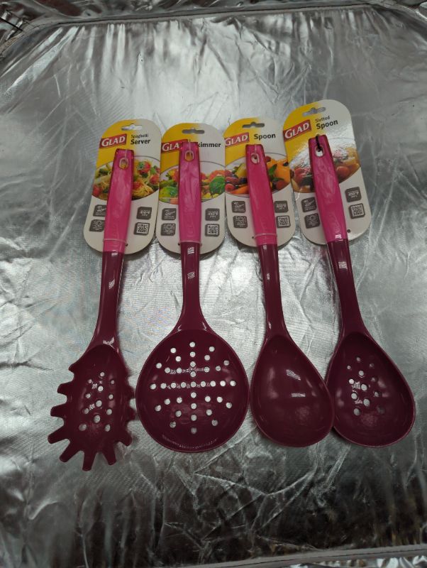 Photo 1 of Glad 4pc Kitchen Utensils - Pink - Spaghetti Server, Skimmer, Serving Spoon, and Slotted Spoon
