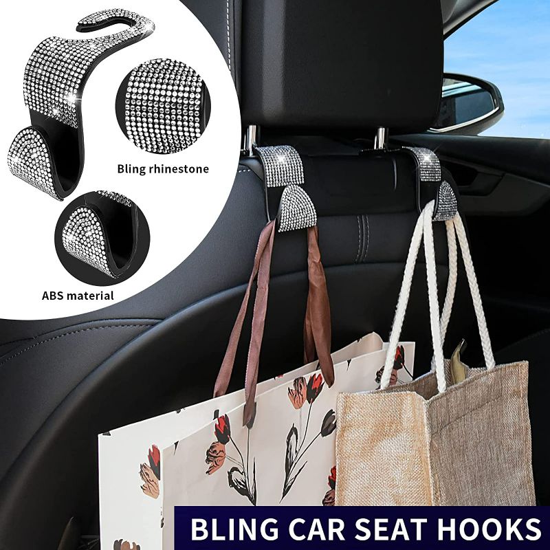 Photo 4 of 8PCS Bling Car Accessories Interior Cute Sets for Women, Bling Car Coasters for Cup Holder, Bling Headrest Hooks, Rhinestone Bling Mini Hooks, Bling Car Ignition Ring Stickers
