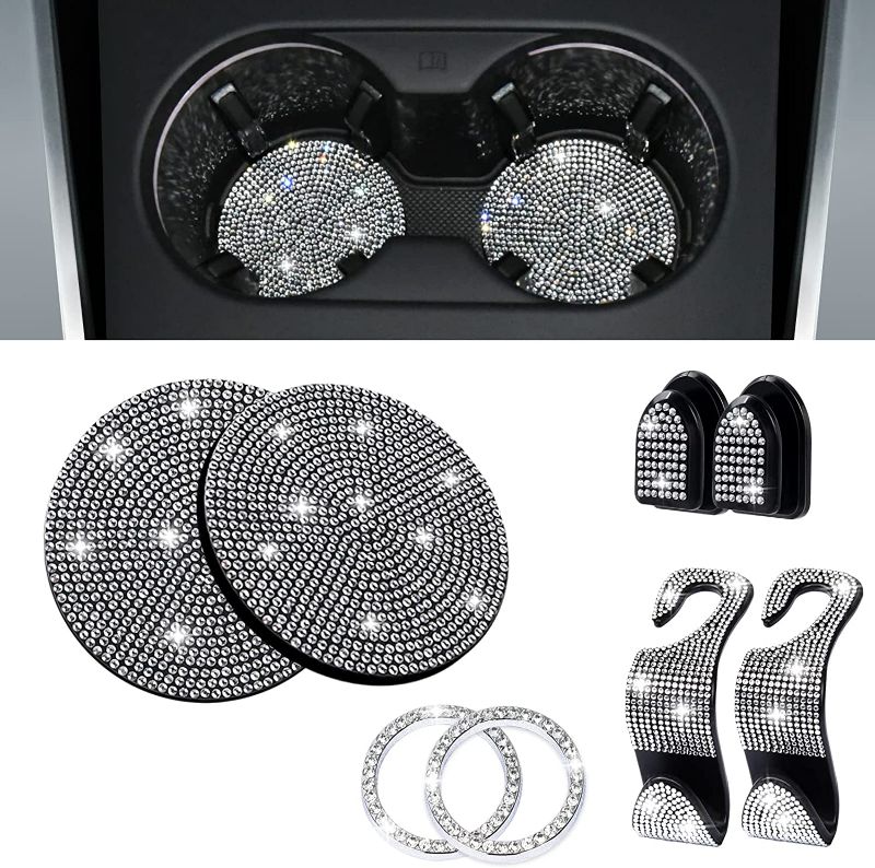 Photo 1 of 8PCS Bling Car Accessories Interior Cute Sets for Women, Bling Car Coasters for Cup Holder, Bling Headrest Hooks, Rhinestone Bling Mini Hooks, Bling Car Ignition Ring Stickers
