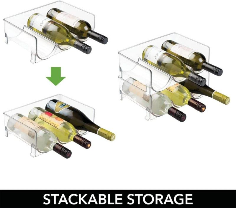 Photo 4 of mDesign Stackable Plastic 3 Bottle Refrigerator Wine Rack - Kitchen Storage Organizer Holder for Storing Champagne, Wine, and Water Bottles - Stacking Wine Bottle Organizer for Fridge - 2 Pack - Clear
