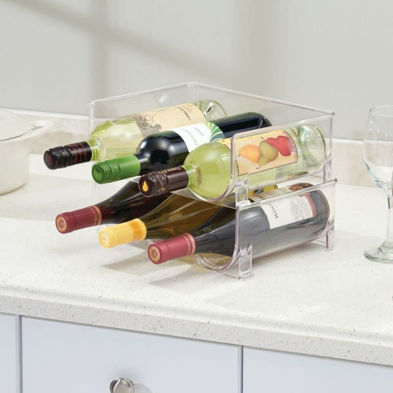 Photo 3 of mDesign Stackable Plastic 3 Bottle Refrigerator Wine Rack - Kitchen Storage Organizer Holder for Storing Champagne, Wine, and Water Bottles - Stacking Wine Bottle Organizer for Fridge - 2 Pack - Clear

