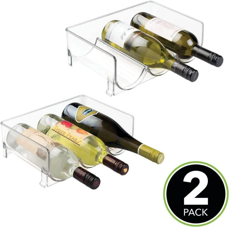 Photo 2 of mDesign Stackable Plastic 3 Bottle Refrigerator Wine Rack - Kitchen Storage Organizer Holder for Storing Champagne, Wine, and Water Bottles - Stacking Wine Bottle Organizer for Fridge - 2 Pack - Clear
