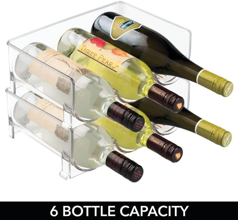 Photo 5 of mDesign Stackable Plastic 3 Bottle Refrigerator Wine Rack - Kitchen Storage Organizer Holder for Storing Champagne, Wine, and Water Bottles - Stacking Wine Bottle Organizer for Fridge - 2 Pack - Clear
