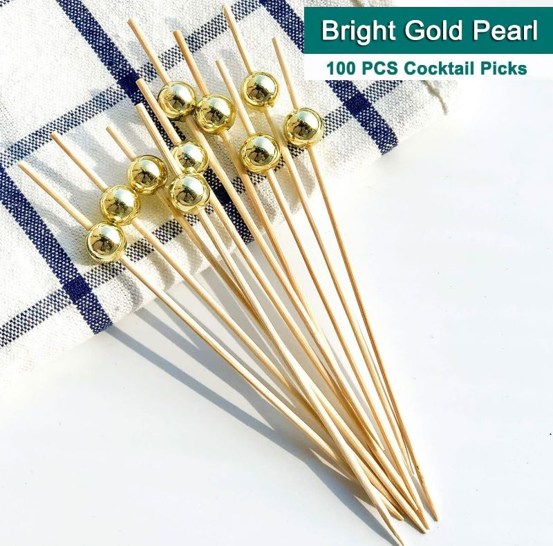 Photo 2 of Cocktail Picks,Toothpicks for Appetizers,100 PCS 4.7 Inch Gold Pearl Cocktail Picks for Wedding Party, Decorative Food Picks Fancy Toothpicks for Appetizers, Skewers for Appetizers Charcuterie Cups - 3Packs/300PCS
