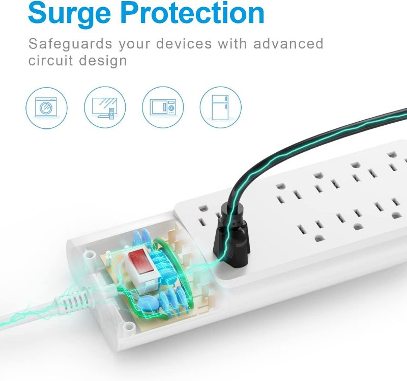 Photo 2 of Power Strip, Bototek Surge Protector with 10 AC Outlets and 4 USB Ports,1875W/15A, 2100 Joules, 6 Feet Long Extension Cord for Home, Office, Dorm Essentials, 2100 Joules, ETL Listed-White
