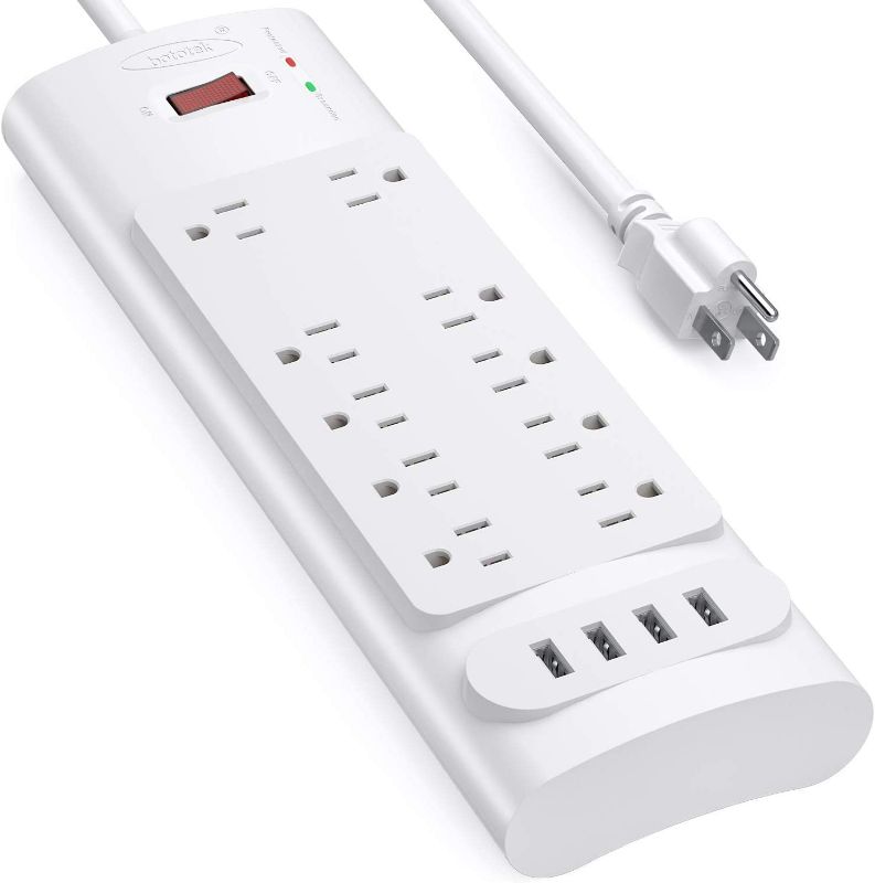 Photo 1 of Power Strip, Bototek Surge Protector with 10 AC Outlets and 4 USB Ports,1875W/15A, 2100 Joules, 6 Feet Long Extension Cord for Home, Office, Dorm Essentials, 2100 Joules, ETL Listed-White
