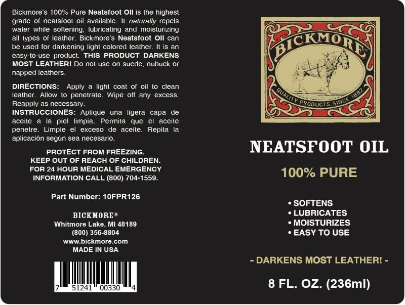 Photo 2 of Bickmore 100% Pure Neatsfoot Oil 8 oz - Leather Conditioner and Wood Finish - Works Great on Leather Boots, Shoes, Baseball Gloves, Saddles, Harnesses & Other Horse Tack
