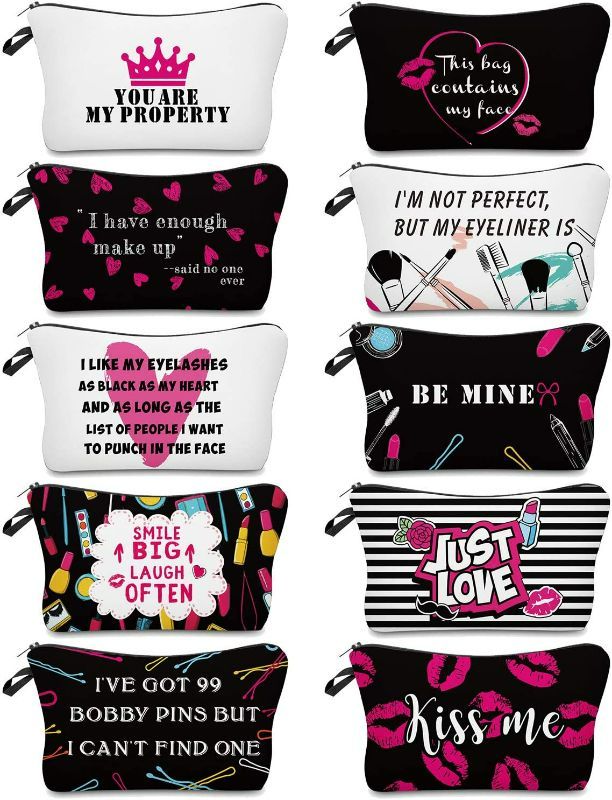 Photo 1 of 6 Pieces Letters Makeup Bags Cosmetic Pouch Travel Zipper Cosmetic Organizer Toiletry Bag Printing Pencil Bag for Women Girls Supplies Christmas Gift (Black and Hot Pink Style/Variety Varies)
