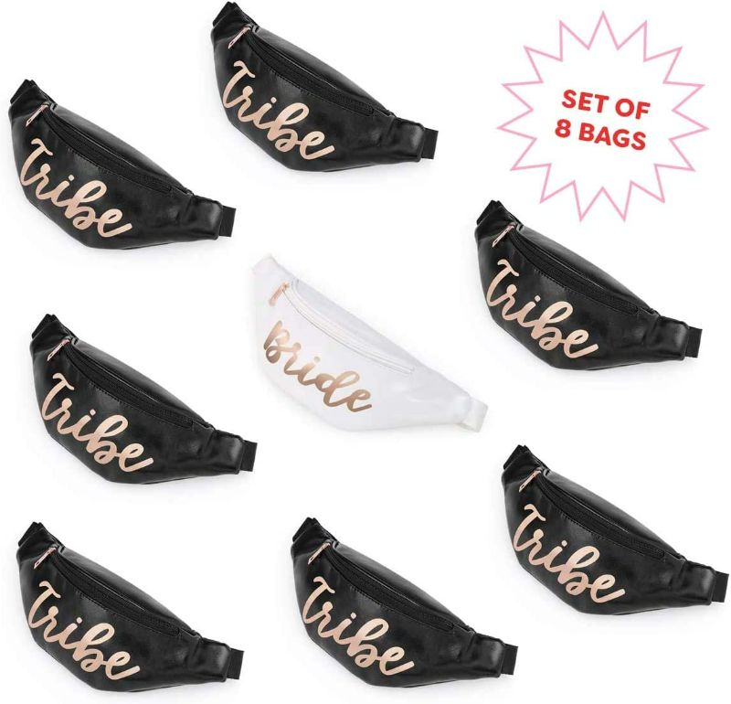 Photo 3 of xo, Fetti Bachelorette Party Bride Tribe Fanny Packs - 8 pc | Black + White Rose Gold Bridal Shower Decorations, Bride to Be Gift, Bach Favor
