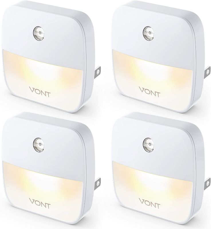 Photo 1 of Vont 'Aura' LED Night Light (Plug-in) Super Smart Dusk to Dawn Sensor, Auto Night Lights Suitable for Bedroom, Bathroom, Toilet, Stairs, Kitchen, Hallway, Kids, Adults, Compact Nightlight (4 Pack)
