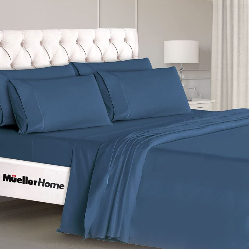 Photo 1 of Mueller Ultratemp Bed Sheets Set, Super Soft 1800 Thread Count Egyptian 18-24 Inch Deep Pocket Sheets, Transfers Heat, Breathes Better, Hypoallergenic, Wrinkle, 6Pc, Navy King
