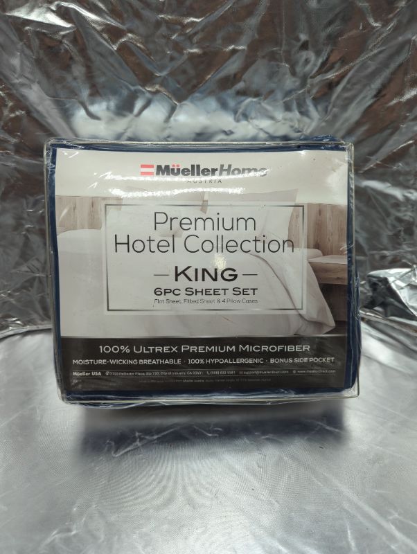 Photo 4 of Mueller Ultratemp Bed Sheets Set, Super Soft 1800 Thread Count Egyptian 18-24 Inch Deep Pocket Sheets, Transfers Heat, Breathes Better, Hypoallergenic, Wrinkle, 6Pc, Navy King
