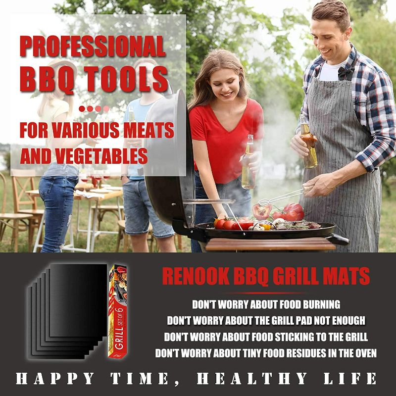 Photo 2 of Renook Grill Mat Set of 6-100% Non-Stick BBQ Grill Mats, Heavy Duty, Reusable, and Easy to Clean - Works on Electric Grill Gas Charcoal BBQ - 15.75 x 13-Inch, Black
