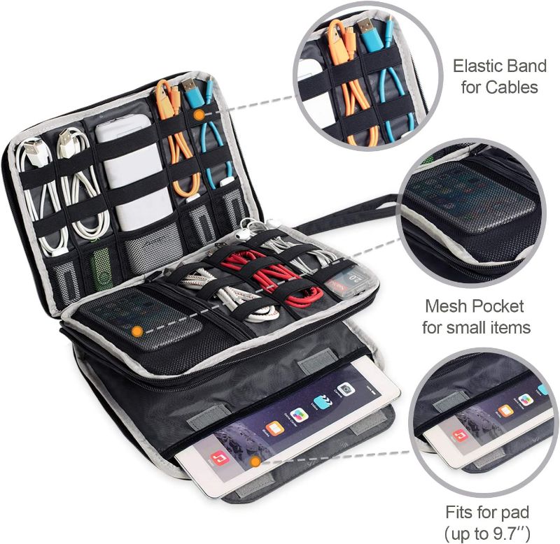 Photo 1 of BUBM Double Layer Electronics Organizer/Travel Gadget Bag for Cables, Memory Cards, Flash Hard Drive and More, Fit for iPad or Tablet(up to 9.7")-Large, Grey
