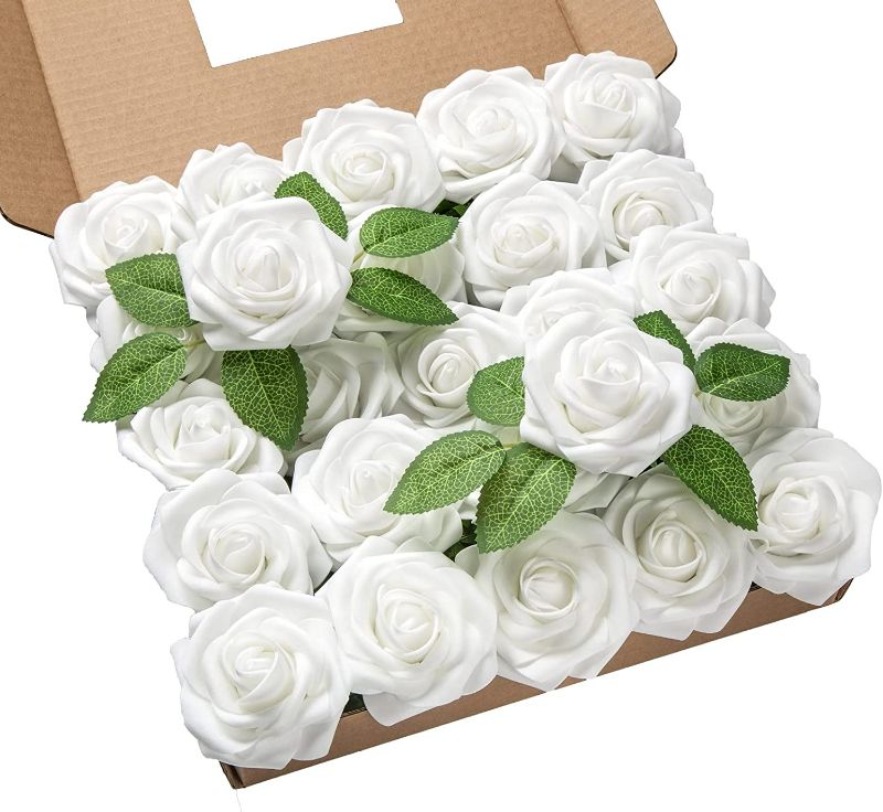 Photo 1 of Coferset 25pcs Artificial Rose Flowers Fake Roses Real Looking Foam Roses with Stems for DIY Wedding Bouquets Bridal Shower Centerpieces Party Decor (White)
