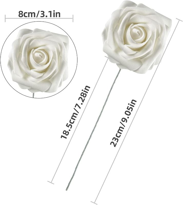 Photo 4 of Coferset 25pcs Artificial Rose Flowers Fake Roses Real Looking Foam Roses with Stems for DIY Wedding Bouquets Bridal Shower Centerpieces Party Decor (White)
