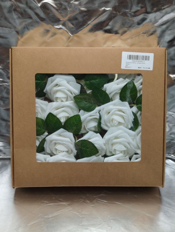 Photo 2 of Coferset 25pcs Artificial Rose Flowers Fake Roses Real Looking Foam Roses with Stems for DIY Wedding Bouquets Bridal Shower Centerpieces Party Decor (White)
