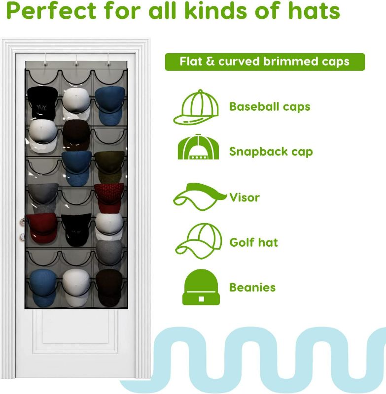 Photo 4 of Unjumbly Baseball Hat Rack, 24 Pocket Over-The-Door Cap Organizer with Clear Deep Pockets to Display Your Baseball Caps Collection, Complete with 3 Over Door Hooks, Fit 1 3/8" and 1 3/4" Door Width
