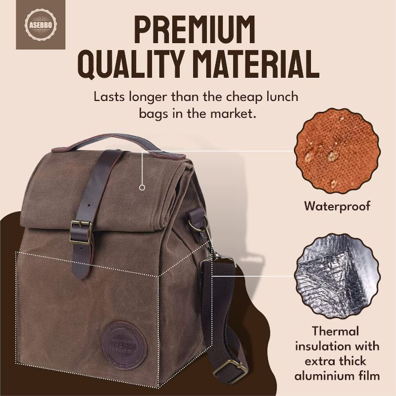 Photo 1 of ASEBBO Insulated Lunch Bag 10L Sturdy Waxed Canvas Lunch Box for Men and Women - Leakproof Insulated Cooler Bag for Work Picnic Hiking - Premium Lunchbox for Adults (Brown)
